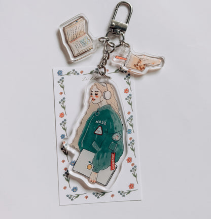 Acrylic charm | Music Girl – Books & Bubble Milk Tea