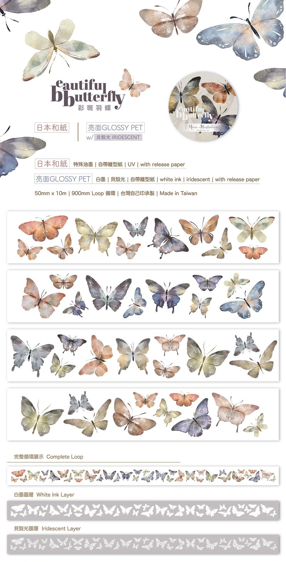 Glossy PET Tape | Beautiful Butterfly (5cm) (with Iridescent foil)