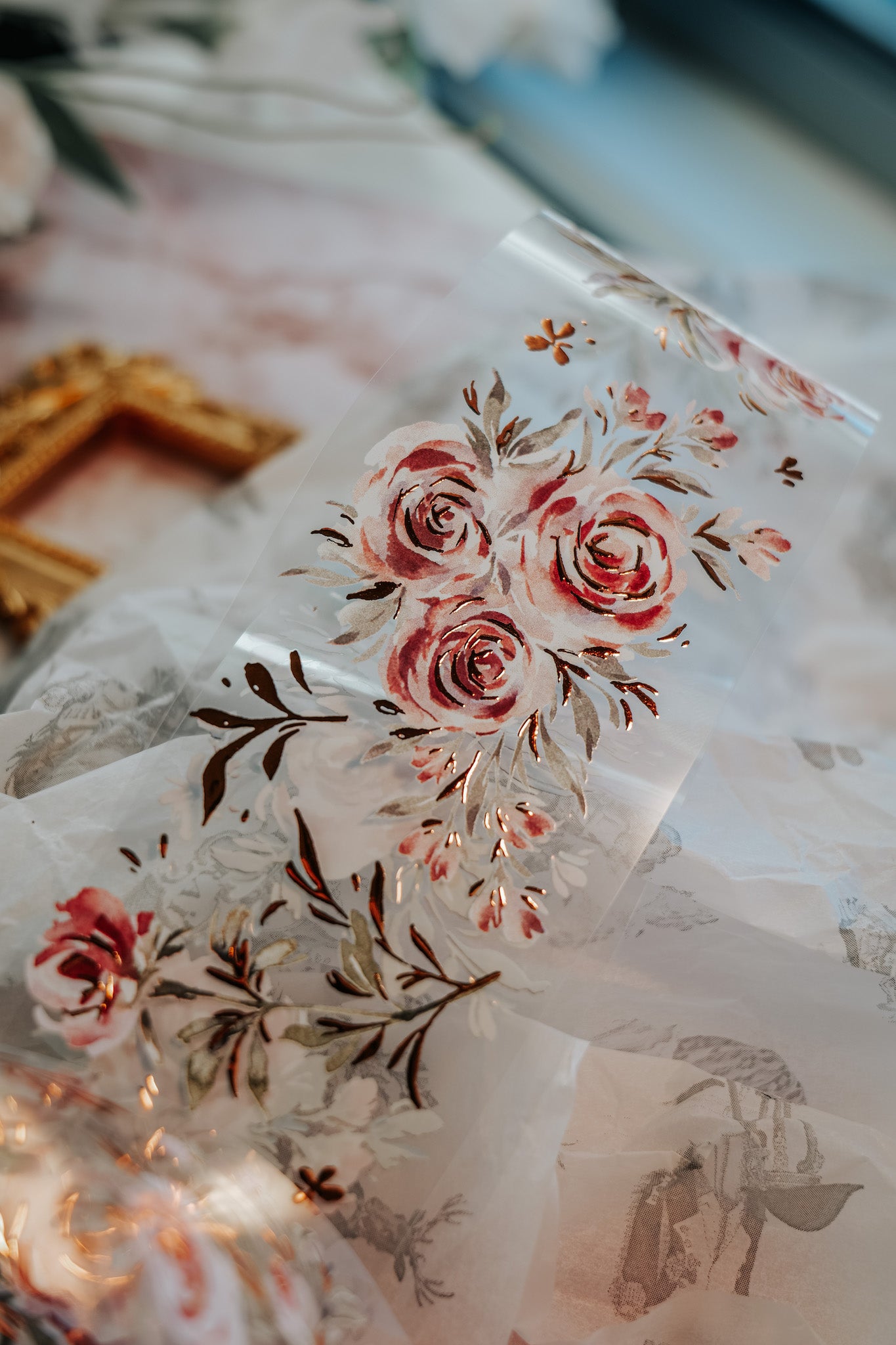 Glossy PET Tape | Summer Roses (6cm) (with Bronze Gold foil)