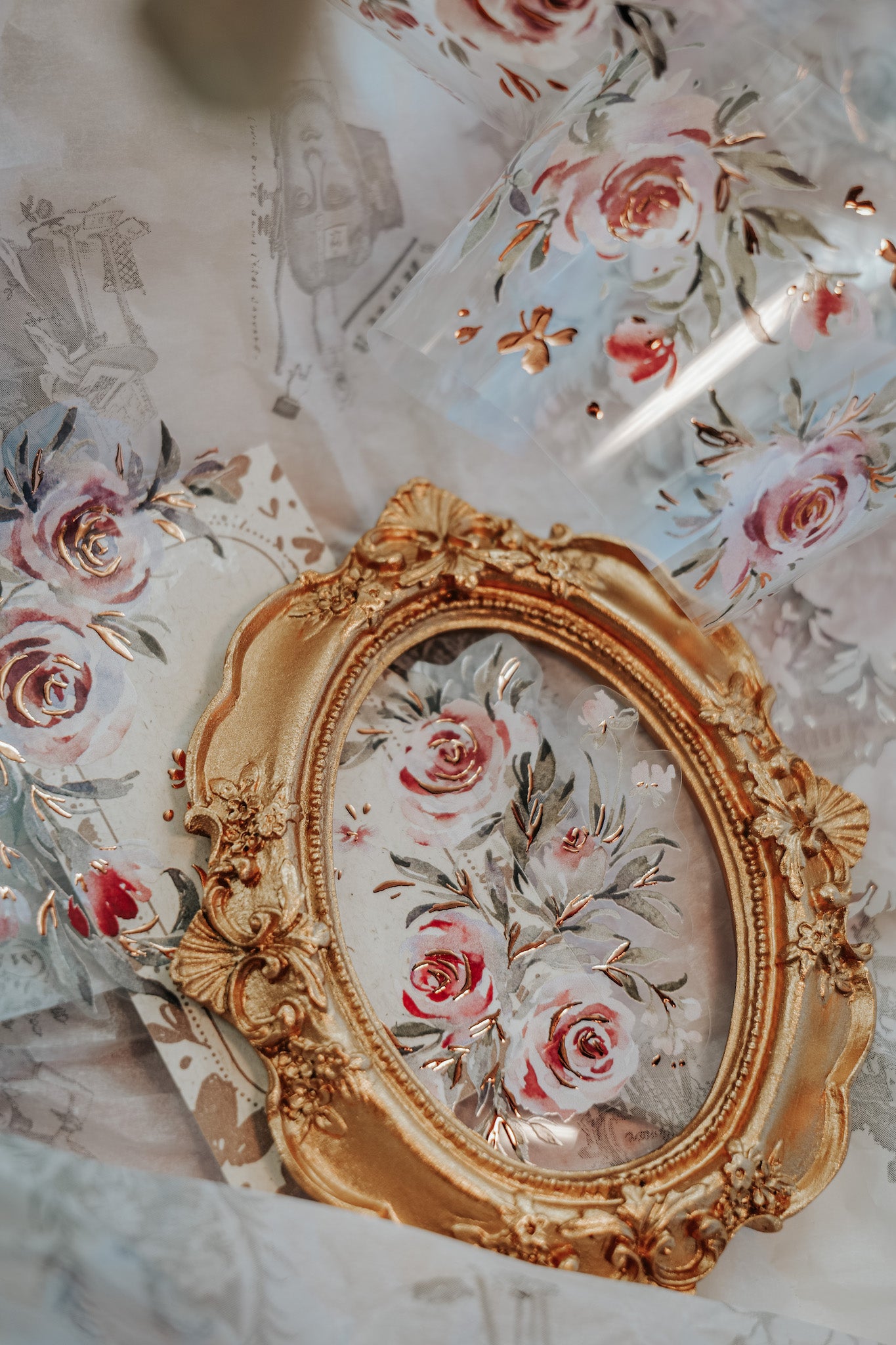 Glossy PET Tape | Summer Roses (6cm) (with Bronze Gold foil)