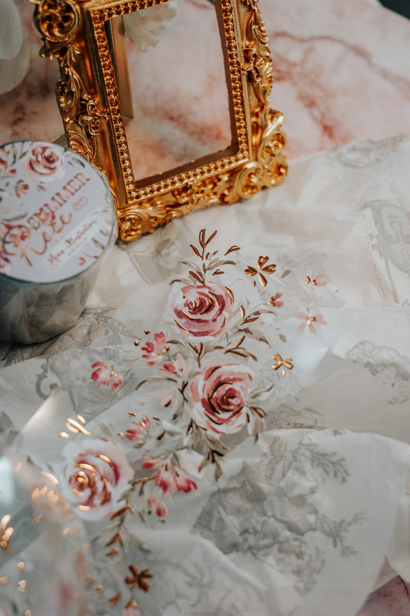 Glossy PET Tape | Summer Roses (6cm) (with Bronze Gold foil)