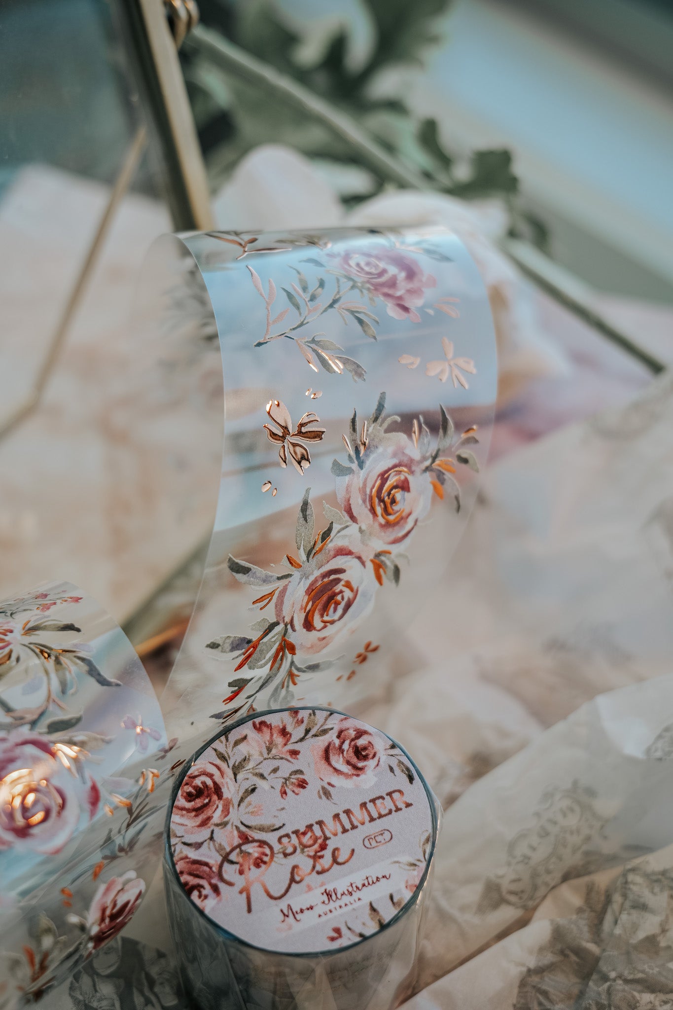 Glossy PET Tape | Summer Roses (6cm) (with Bronze Gold foil)
