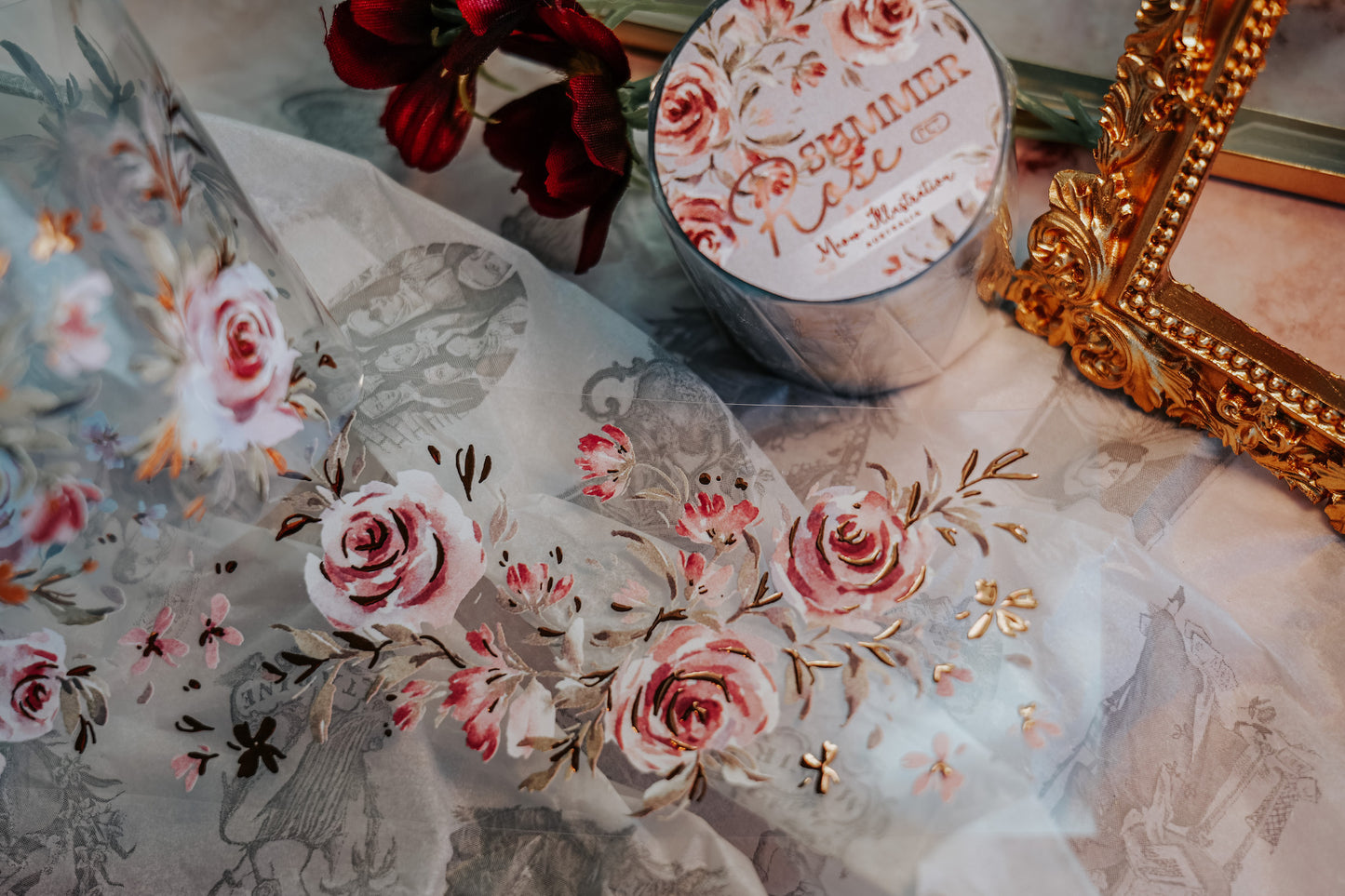 Glossy PET Tape | Summer Roses (6cm) (with Bronze Gold foil)
